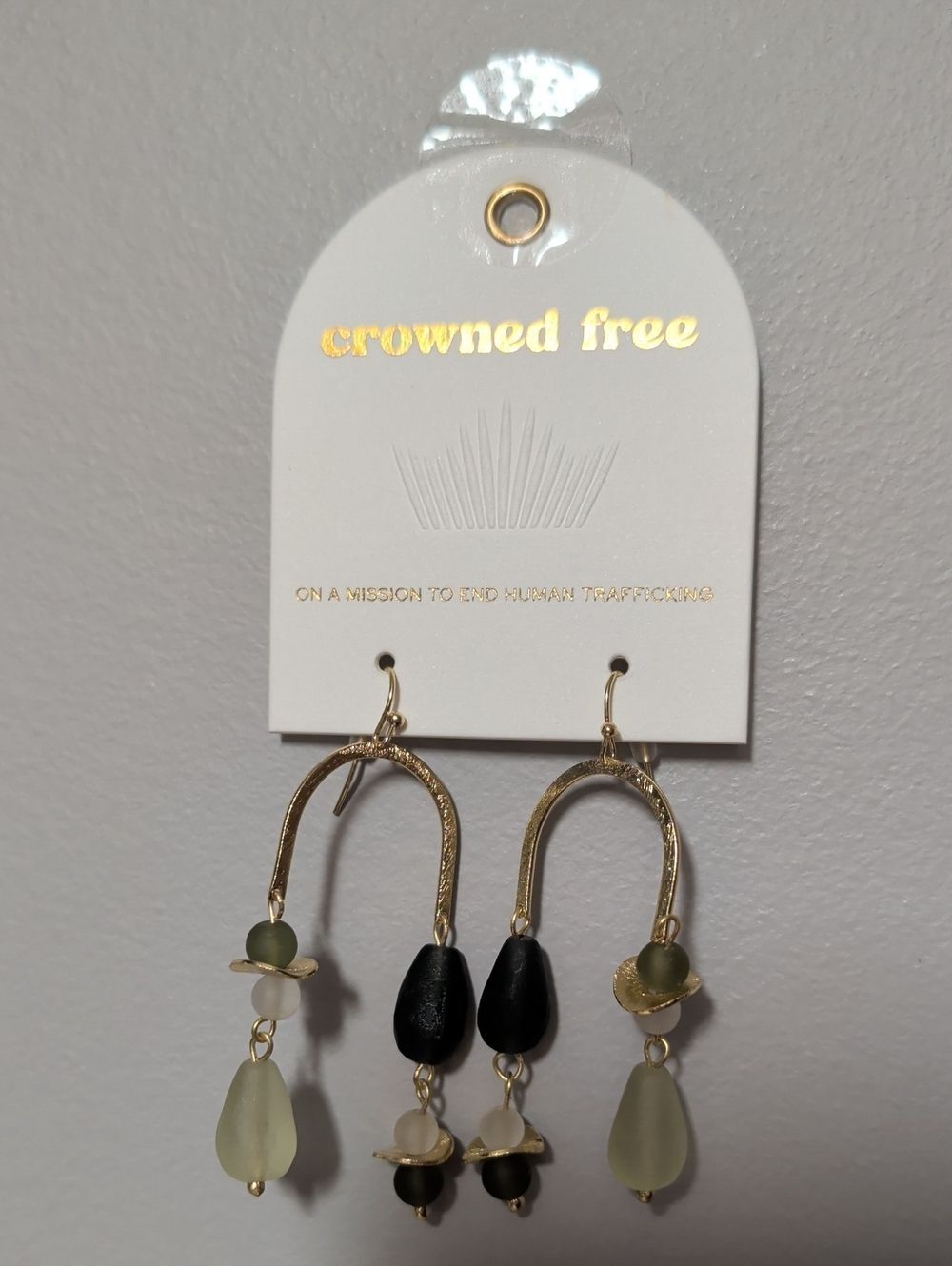 Crowned Free Gold-Tone Green & Black Drop Earrings